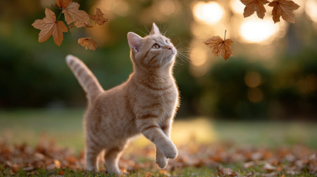 A delightful ginger cat in an outdoor setting, captivated by falling autumn leaves. The golden light enhances the serene scene, showcasing nature's beauty.の素材