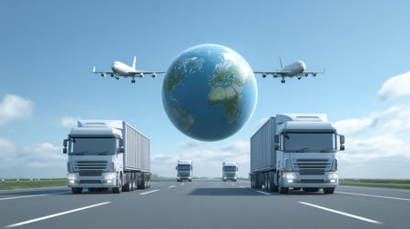 This image illustrates a creative concept of global transportation, showcasing trucks and airplanes above Earth, representing logistics and delivery efficiency.の素材