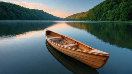 A tranquil scene capturing a wooden canoe gently floating on a calm lake, surrounded by a lush green forest, illuminated by the soft glow of sunrise.の素材