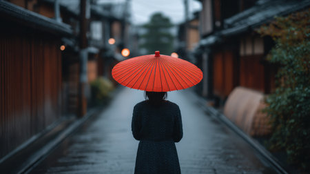 A woman stands in a rain-soaked traditional street of Kyoto, Japan, holding a vibrant red umbrella. The scene evokes serenity and cultural charm.の素材