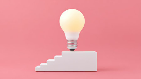 A minimalist design featuring a light bulb placed on a white staircase against a pink background. This image embodies the themes of innovation and creative growth.の素材