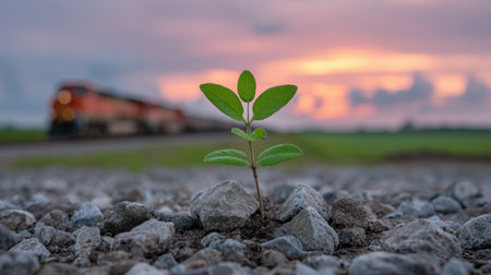 A small green plant emerges from gravel, symbolizing resilience. A train passes in the background at sunset, creating a stunning contrast of nature and development.の素材