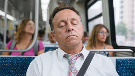 A man wearing a white shirt and tie sits with his eyes closed on public transit, embodying the calm of commuting in a busy urban setting.の素材