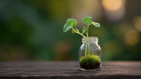 A clear glass jar holds fresh green seedlings with a vibrant moss base, set against a soft natural background that enhances the serene atmosphere.の素材