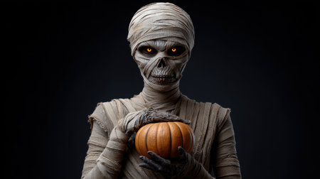 A captivating image of a mummy holding a pumpkin, showcasing eerie features and a dark atmosphere, perfect for Halloween-themed projects or decorations.の素材