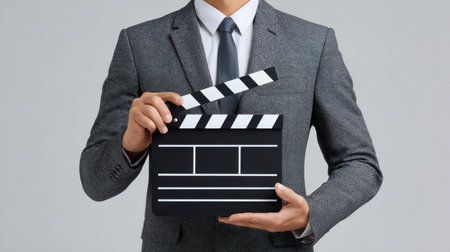 A professional man dressed in a grey suit holds a classic clapperboard, symbolizing film production and creative storytelling in a modern context.の素材