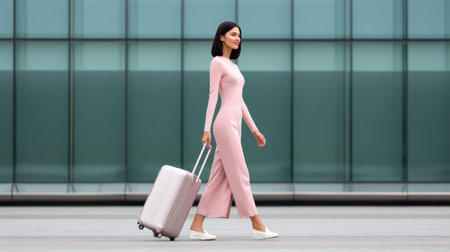 A fashionable woman strolls through an airport terminal, pulling a suitcase, exuding confidence in a sleek pink dress. The modern glass backdrop enhances her stylish presence.の素材