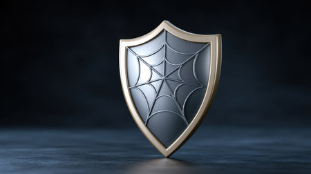 This image features a metallic shield adorned with a spider web design, representing protection and security. The dark background enhances its striking visual impact.の素材