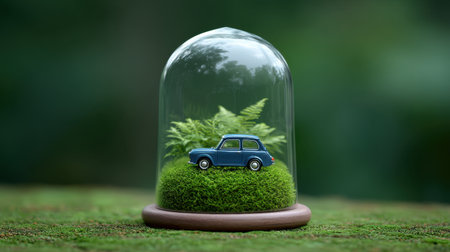 A charming miniature car displayed in a glass dome atop a bed of lush moss and delicate ferns creates an enchanting nature-inspired scene.の素材