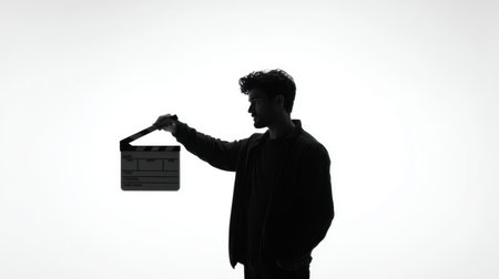 A striking silhouette of a young man holding a film clapperboard, capturing the essence of creativity and cinema in a minimalist setting.の素材