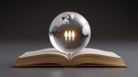 An artistic representation of an open book with a glass globe on top, showcasing a world map and silhouettes of people, symbolizing education and connection.の素材