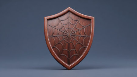 This artistic wooden shield features a detailed spider web design, showcasing expert craftsmanship. Perfect for decor, display, or artistic projects, it brings warmth and charm to any space.の素材