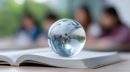 A clear glass globe rests on an open book, representing education and global awareness. Softly blurred figures in the background suggest a learning environment.の素材