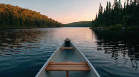 Experience the beauty of nature with this serene canoe ride across a calm lake, embraced by lush forests under a colorful sunset sky.の素材