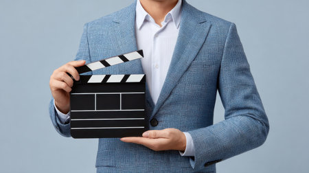 A professional man dressed in a blue suit holds a clapperboard, symbolizing film and video production in a creative and engaging manner.の素材