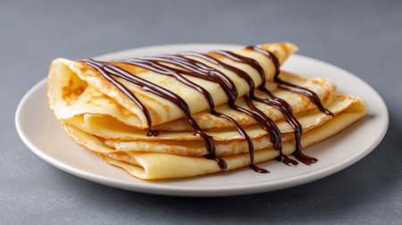 A plate of delicious crepes drizzled with rich chocolate sauce, perfect for breakfast or dessert. This visually appealing dish entices food lovers and photography enthusiasts alike.の素材