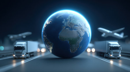 A striking representation of global logistics showcasing trucks and airplanes alongside a 3D model of Earth, symbolizing connectivity in trade and transportation systems.の素材