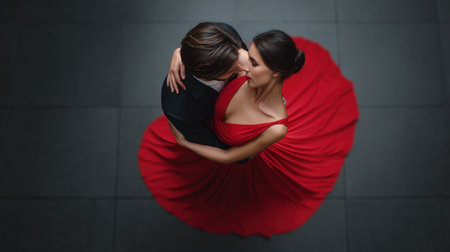 A captivating moment of a couple dancing closely, showcasing love and passion. The elegant red dress and formal attire highlight the beauty of intimacy and connection.の素材