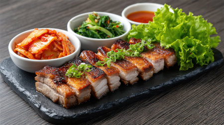 A beautifully arranged plate of crispy pork belly accompanied by fresh vegetables, kimchi, and dipping sauces, showcasing a delectable Asian feast.の素材