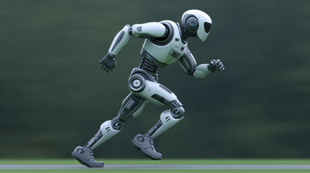 A futuristic robot captures the essence of speed and agility while running in a lush natural setting. This image illustrates the perfect blend of advanced robotics and motion dynamics, evoking a sense of innovation and creativity in technology.の素材