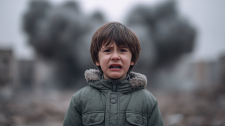 A young boy stands with a terrified expression in a desolate environment filled with destruction and chaos. This image captures the raw emotion of fear and innocence amid a devastated landscape, highlighting the impacts of conflict and loss on vulnerable children.の素材