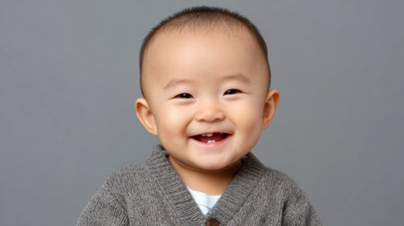 This image captures a joyful baby wearing a cozy sweater against a gray background, radiating happiness and innocence. The cheerful smile evokes a sense of warmth and delight.の素材