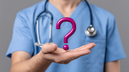 A healthcare professional in blue scrubs poses a question mark in their palm, symbolizing the importance of inquiry in medical care and patient communication.の素材