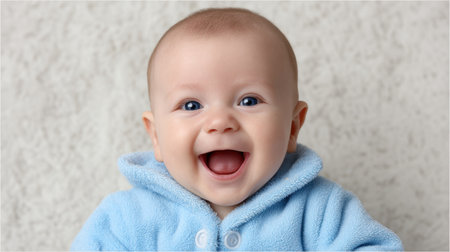 A delightful portrait of a happy baby wearing a light blue hoodie, showcasing a cheerful smile. The soft grey background adds warmth to the joyful atmosphere, emphasizing innocence and charm.の素材