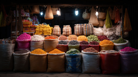 A captivating view of a spice stall showcasing an array of vibrant colors in sacks filled with various herbs and spices, illuminated warmly at night.の素材