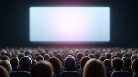 A mesmerizing scene in a darkened theater shows a large, blank movie screen with a captivated audience. The atmosphere is filled with anticipation and excitement.の素材