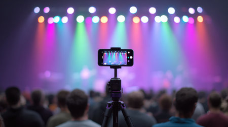 A smartphone mounted on a tripod captures the vibrant atmosphere of a live music concert, with colorful stage lights illuminating an engaged audience.の素材