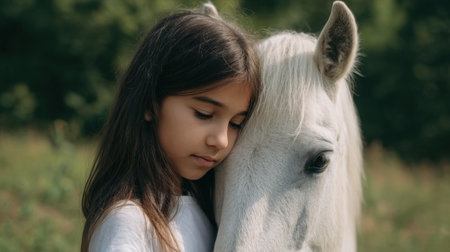 A young girl shares a tender moment with a beautiful white horse, showcasing the deep emotional bond between children and animals in a tranquil outdoor setting.の素材