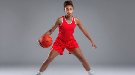 A focused young female athlete in red sportswear demonstrates her skills while dribbling a basketball against a simple gray background.の素材