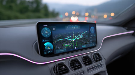 A close-up view of a modern car dashboard featuring a high-tech navigation system illuminated in vibrant colors, perfect for showcasing advanced vehicle technology.の素材