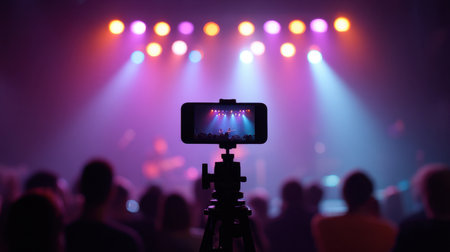 A smartphone on a tripod captures a live concert performance, highlighting vibrant stage lighting and an engaged audience in the background.の素材