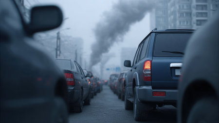 A congested urban street filled with vehicles in a thick fog, showcasing the challenges of air pollution and traffic congestion in modern cities.の素材
