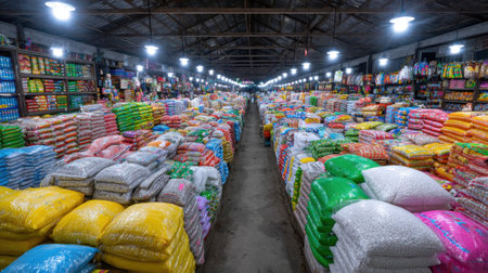 A bustling wholesale market showcasing a vibrant array of packed goods in colorful bags arranged neatly along wide aisles, illuminated by bright lights.の素材