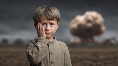 A poignant image of a young boy displaying emotion and vulnerability, set against a stark landscape with a distant explosion, evoking feelings of fear and despair.の素材