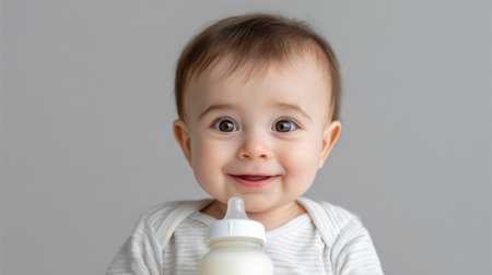 A cheerful baby with big bright eyes smiles widely while holding a bottle, radiating warmth and innocence against a neutral backdrop, perfect for family themes.の素材