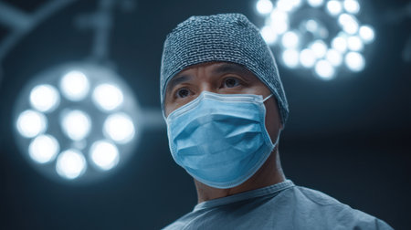 A focused medical professional wearing scrubs and a surgical mask prepares for a surgical procedure in a well-lit operating room, emphasizing patient care.の素材