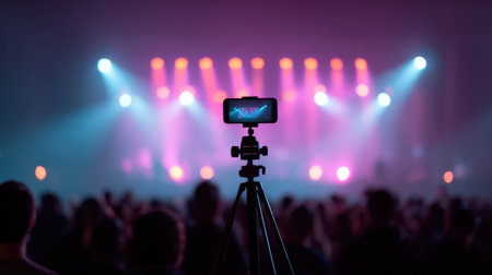 A smartphone mounted on a tripod captures the energy of a live music performance, surrounded by a colorful array of stage lights and an engaged audience.の素材