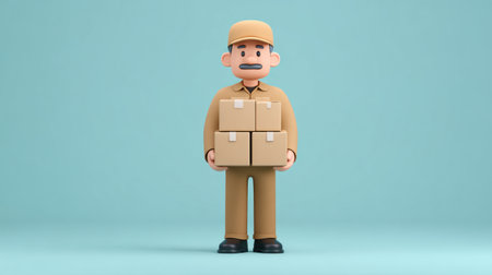 This illustration features a cheerful delivery worker holding cardboard boxes against a light blue background. Perfect for themes related to logistics and shipping.の素材