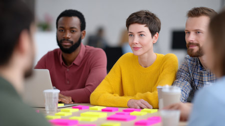 A diverse group of professionals engages in a brainstorming session, surrounded by colorful sticky notes in a bright modern office setting.の素材