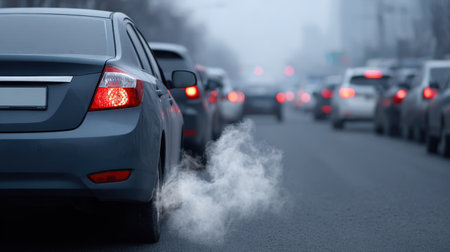 This image captures a gray car releasing exhaust fumes while stuck in traffic on a foggy urban street, highlighting the impact of vehicle emissions on air quality.の素材