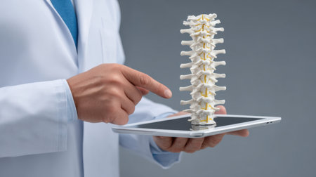 A medical professional demonstrates a tablet displaying a 3D spine model, highlighting modern technology in healthcare education and patient engagement.の素材