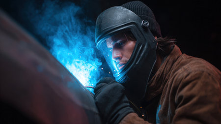 A skilled male welder works diligently in a dark industrial workshop, creating bright sparks and an intense blue glow, showcasing metalwork craftsmanship.の素材