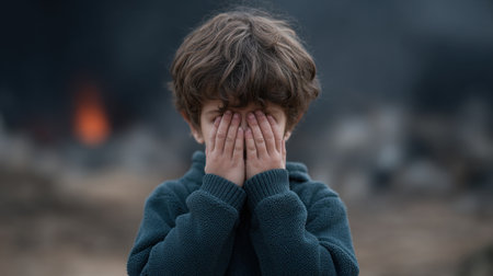 A young child hides their face in their hands, conveying deep emotion and vulnerability against a somber backdrop of smoke, reflecting inner turmoil.の素材