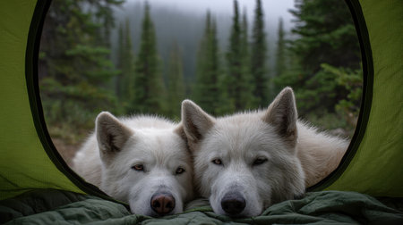 Two beautiful white wolves rest side by side inside a green tent, offering a captivating view of their tranquil surroundings in a lush forest.の素材
