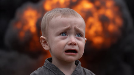 A young child expresses intense emotion amid a chaotic backdrop of exploding smoke, illustrating vulnerability and fear in a dramatic scene.の素材