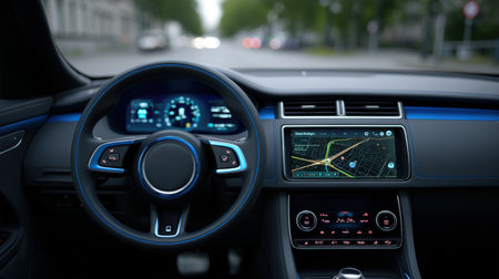 A sleek modern car interior featuring a high-tech dashboard and an advanced navigation system displayed on a touchscreen, set in an urban environment.の素材